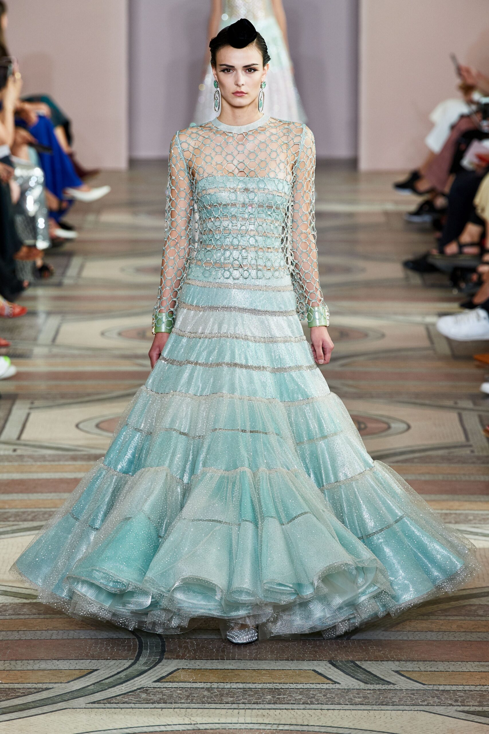 blue and white tiered gown