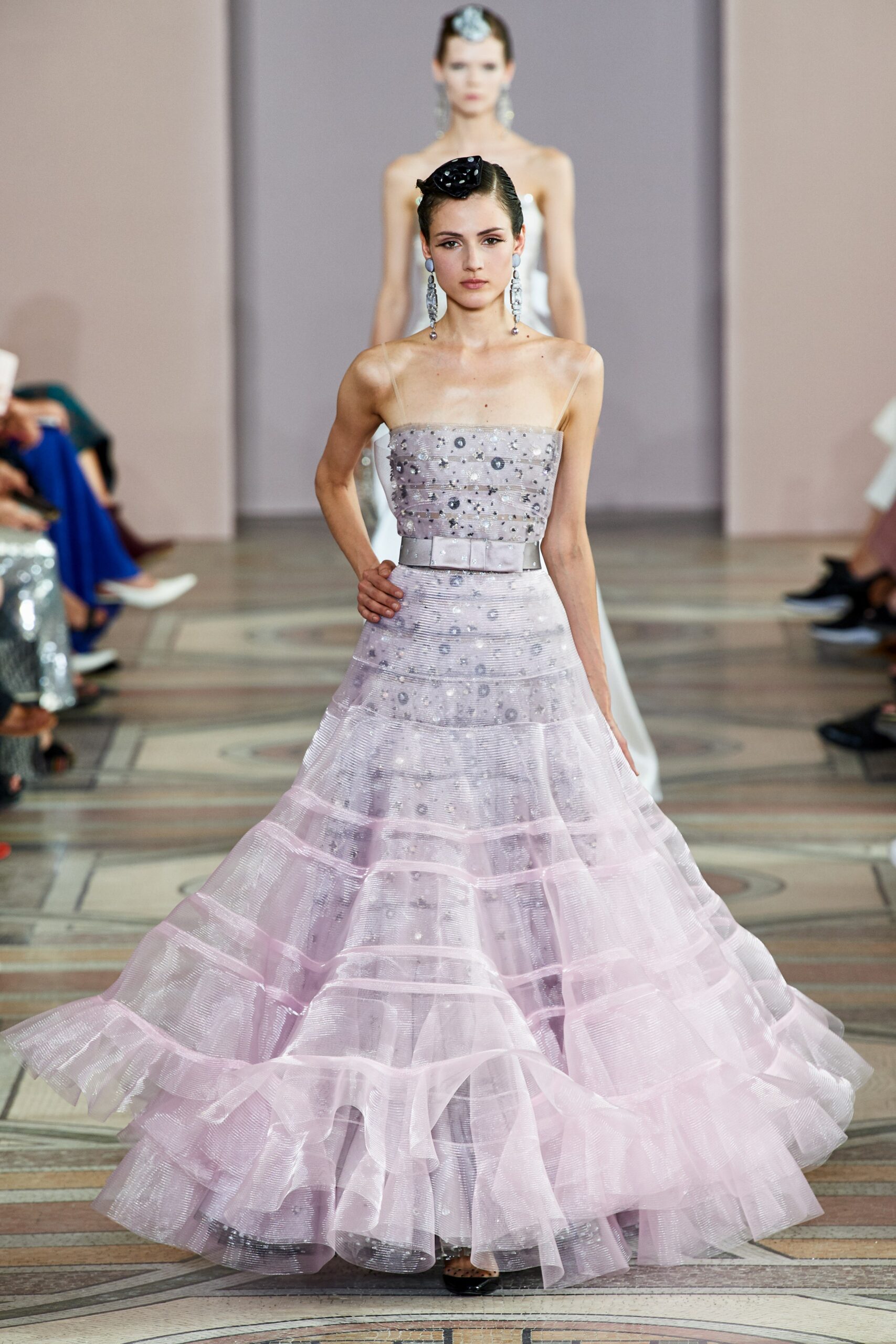pink tiered ruffled gown