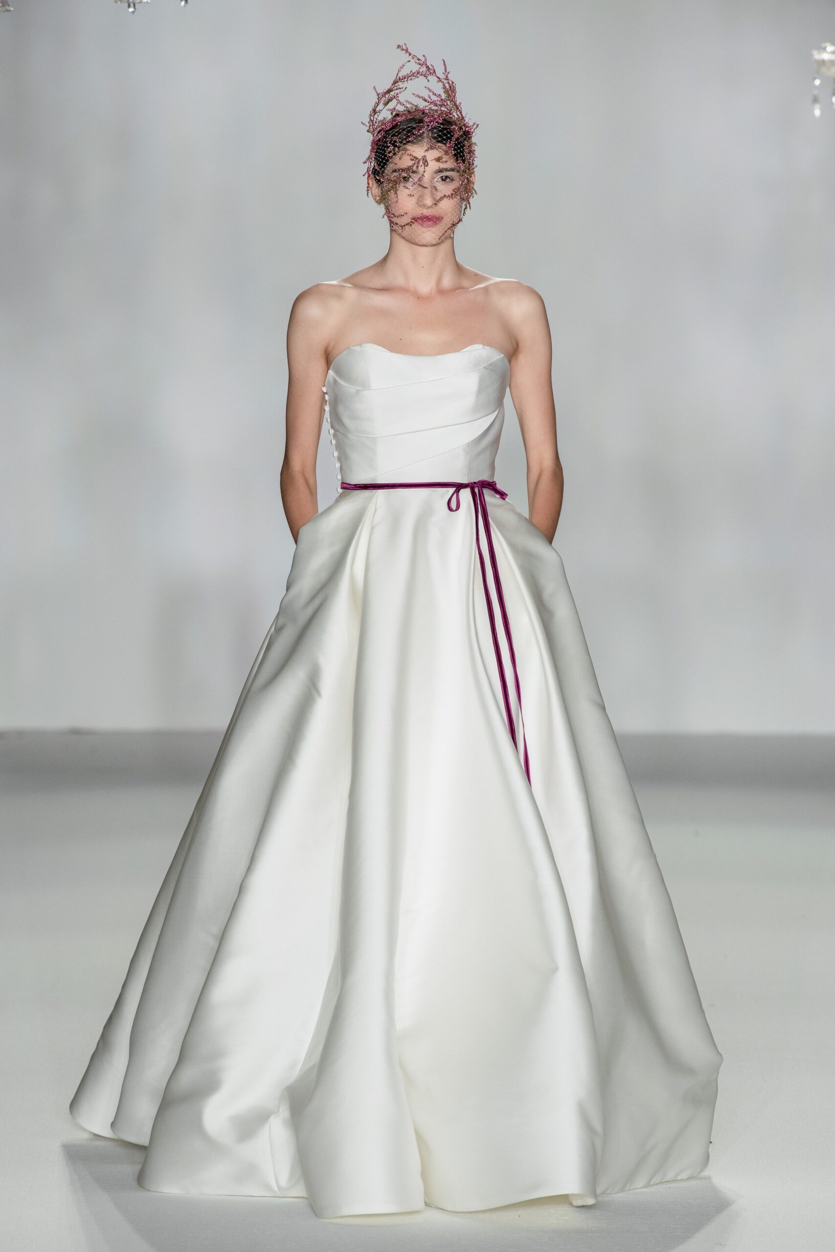 white silk strapless gown