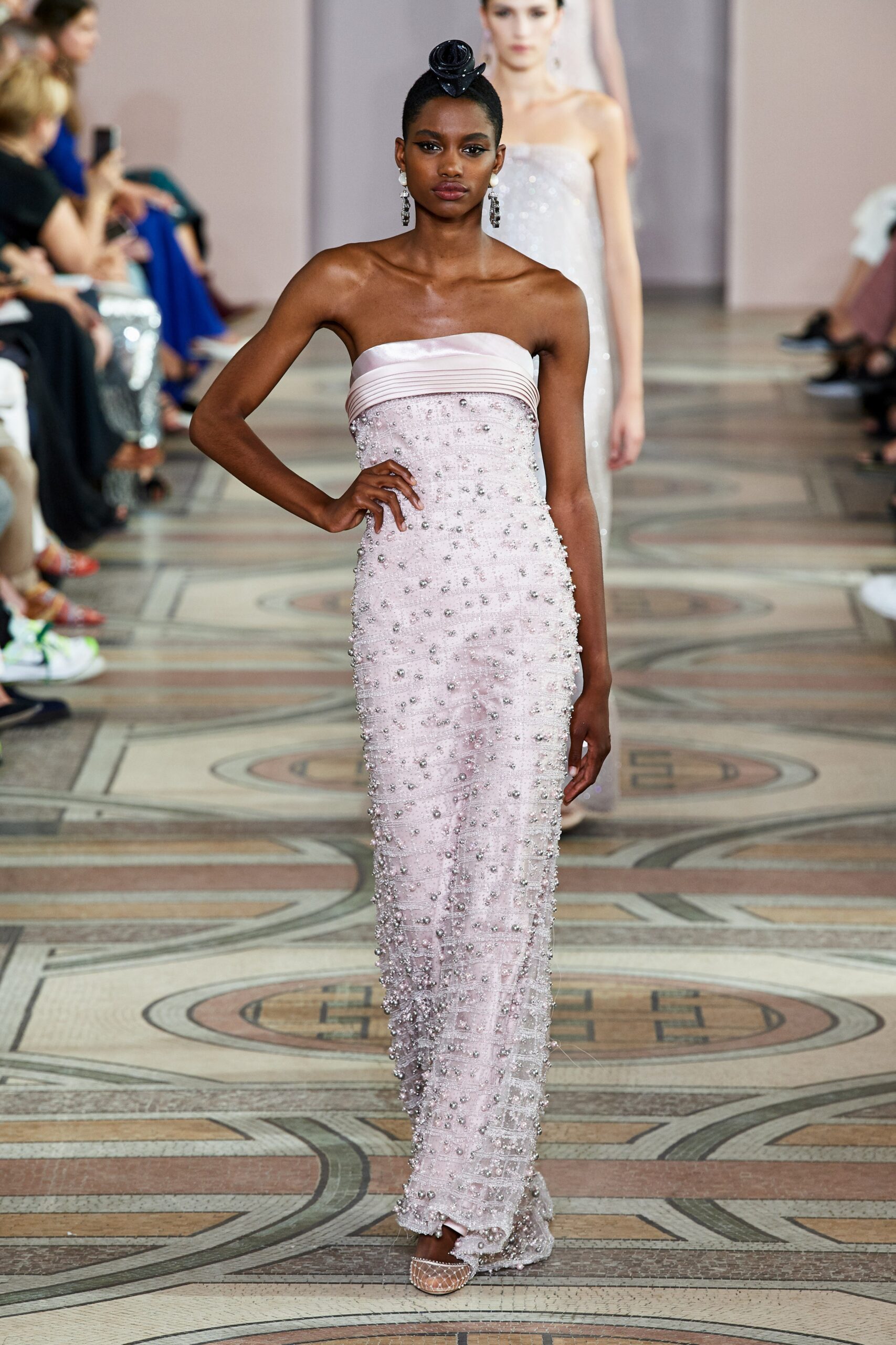 pink beaded strapless gown