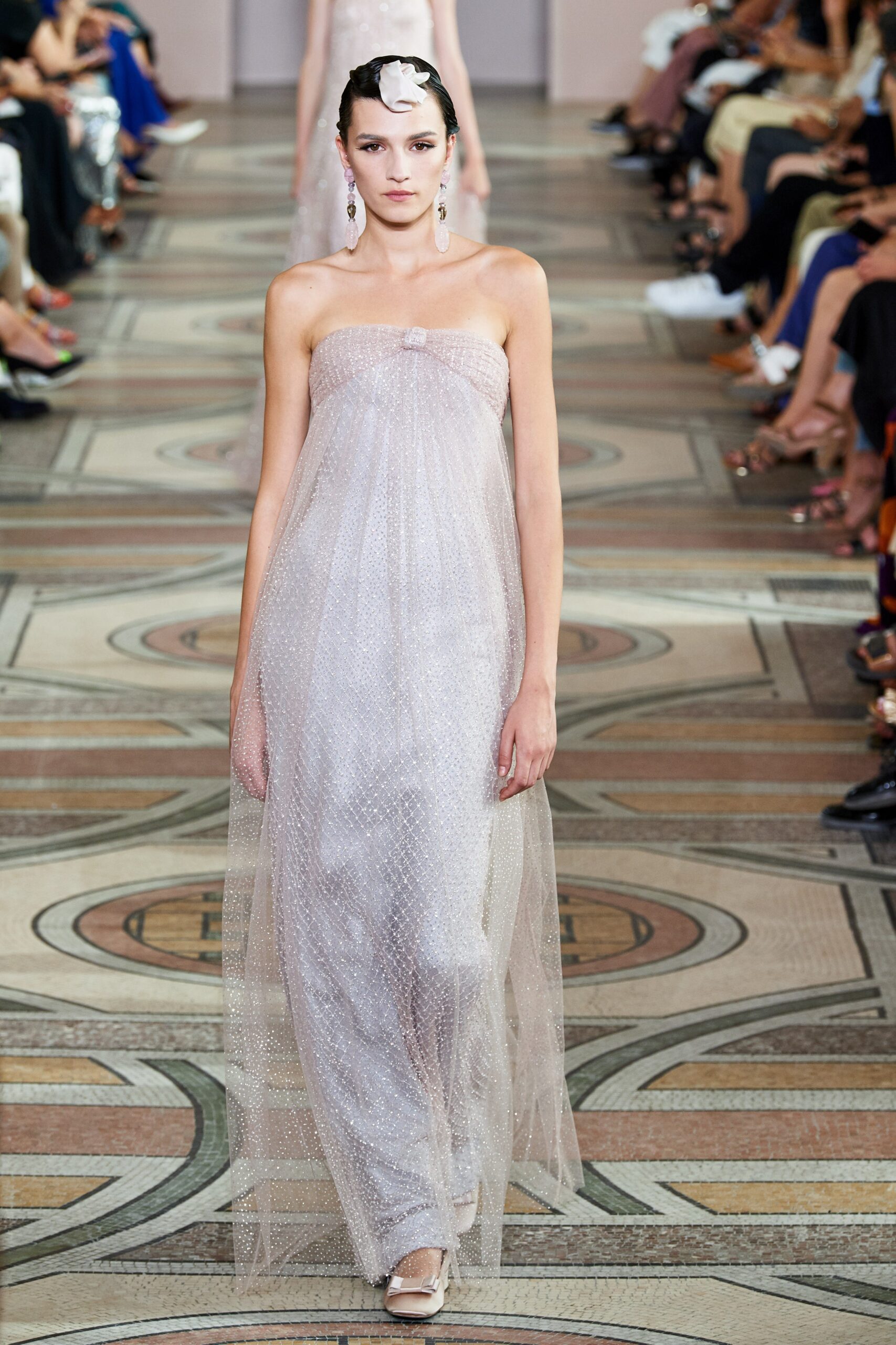 white silk strapless gown