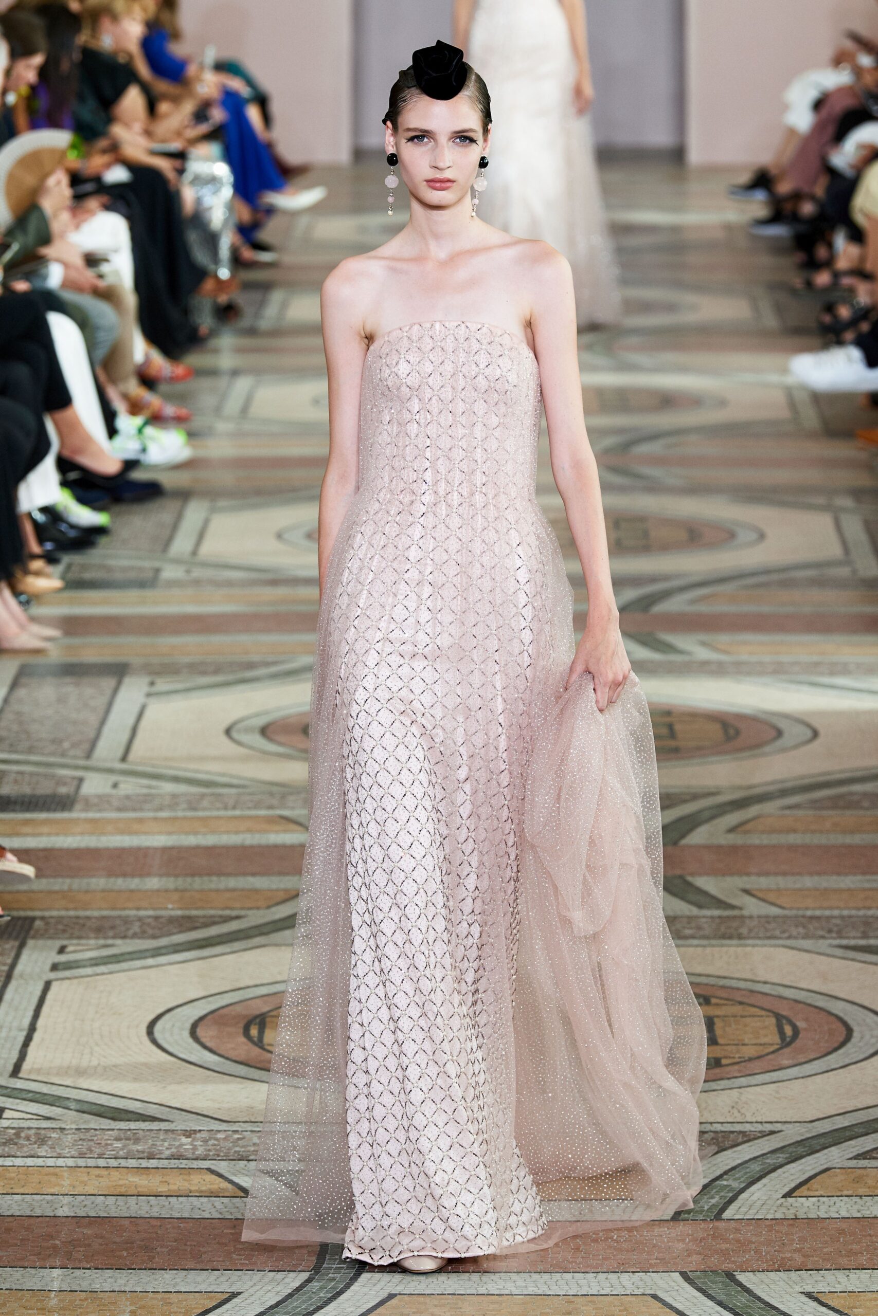 pink embroidered strapless gown