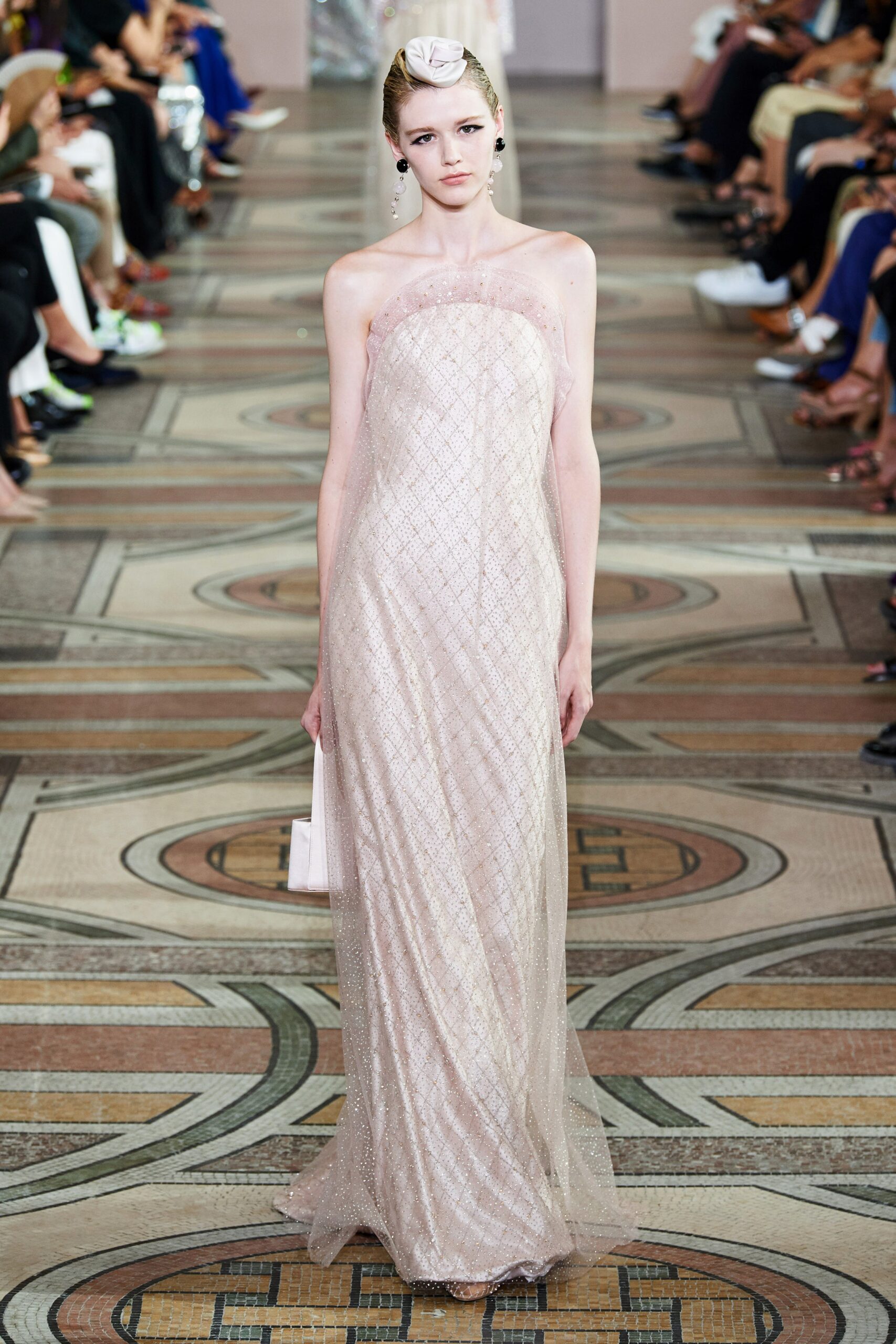 beige silk strapless gown