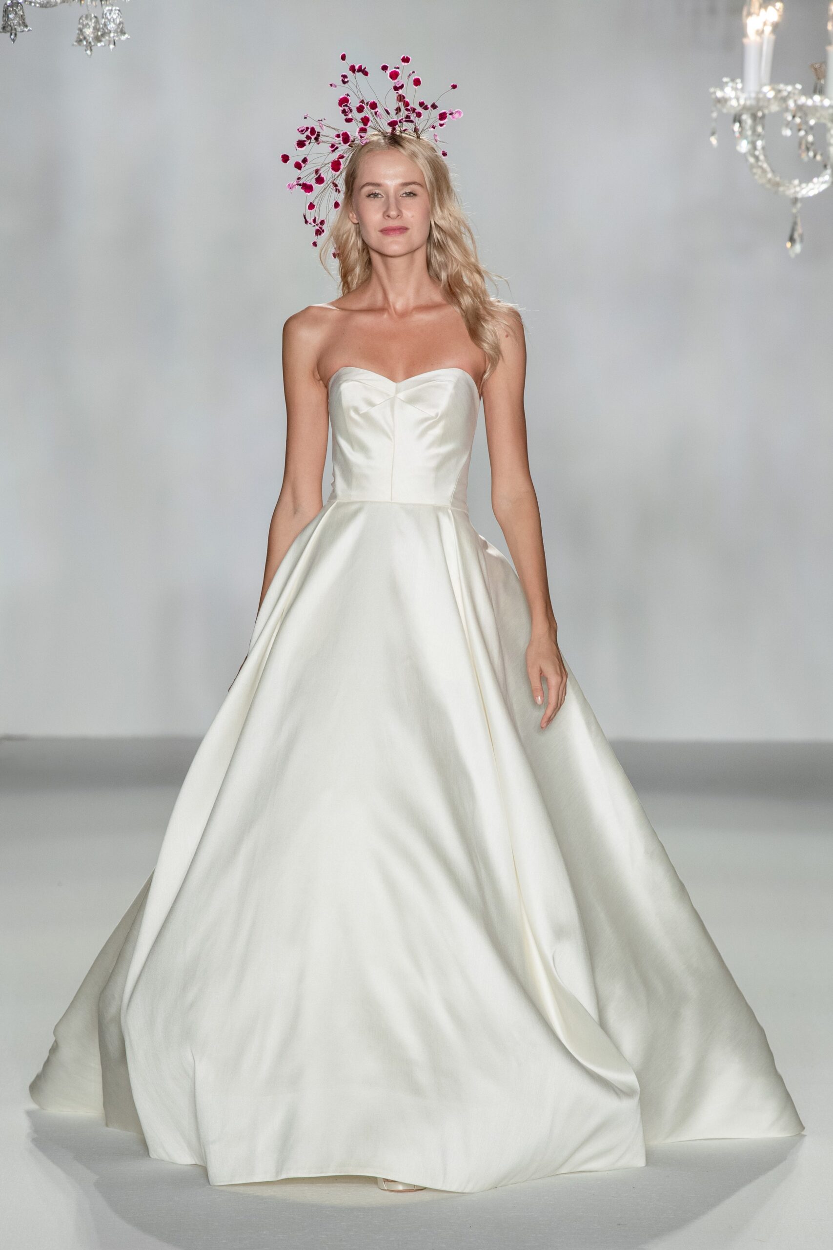 white silk strapless gown