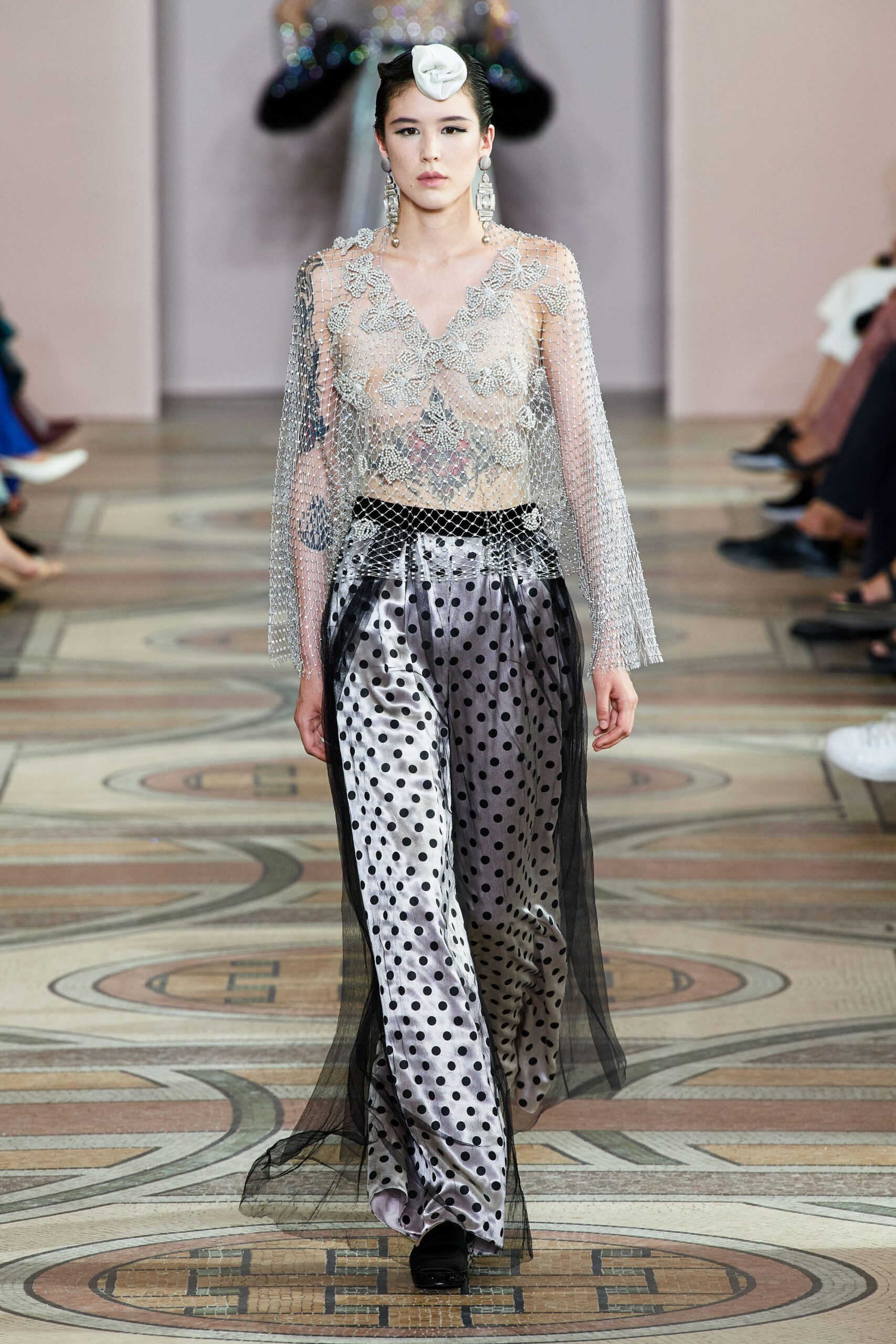 sheer embroidered top with polka-dot pants