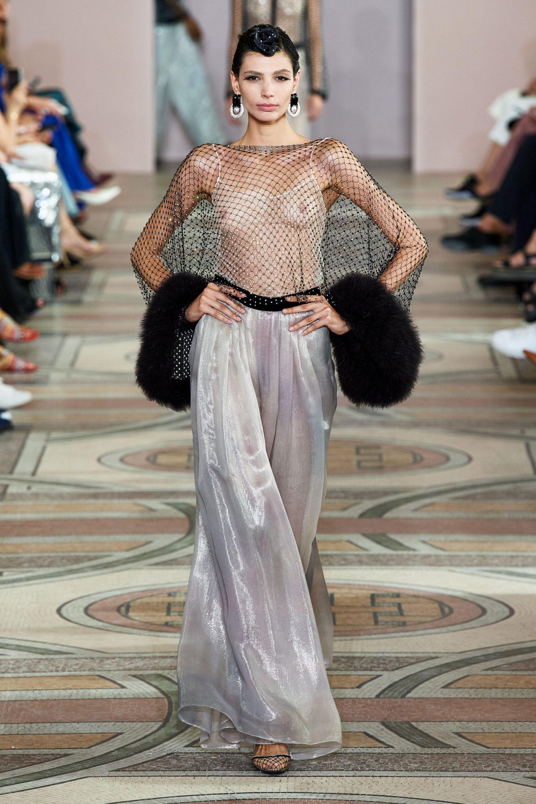 gray silk sleeveless high-neck fitted layered flowing gown