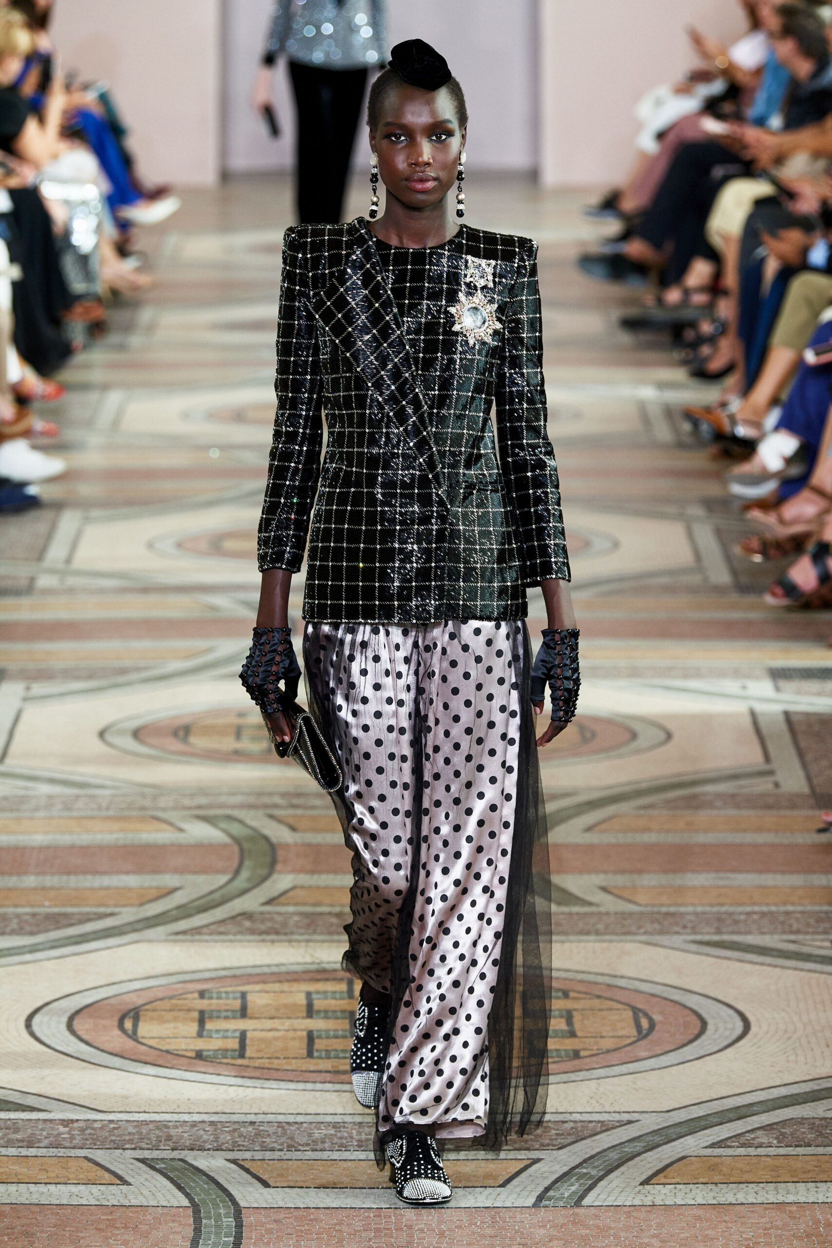 black and white tailored blazer with polka-dot pants
