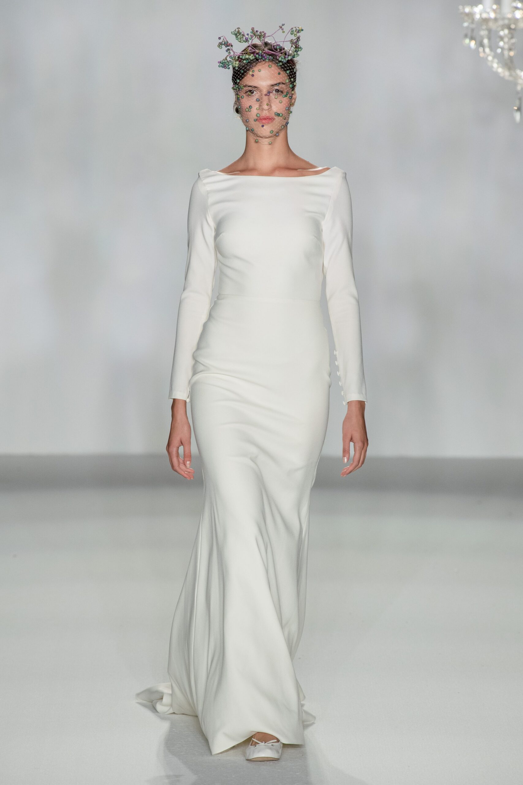 white fitted long-sleeve gown