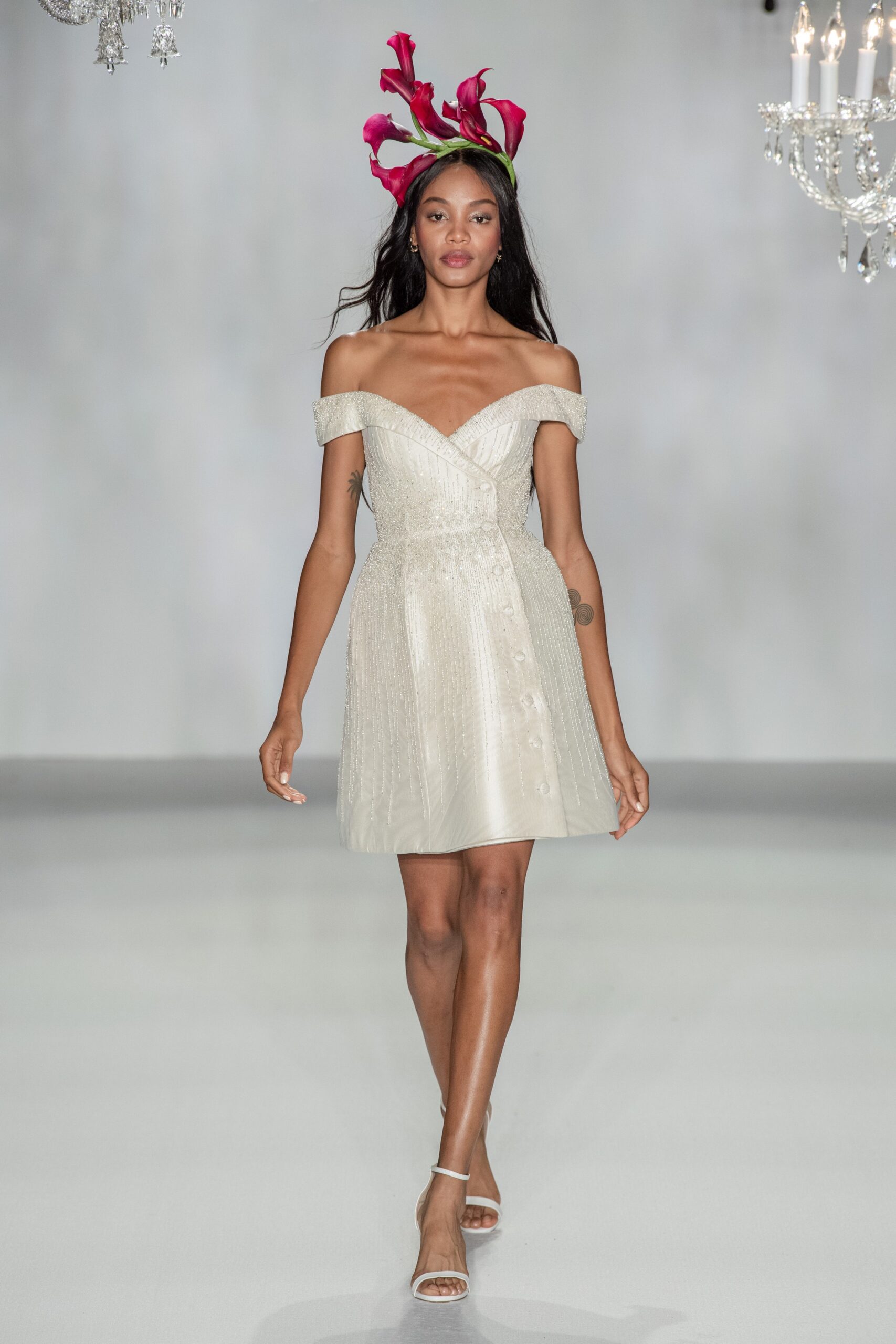 white silk off-shoulder mini dress