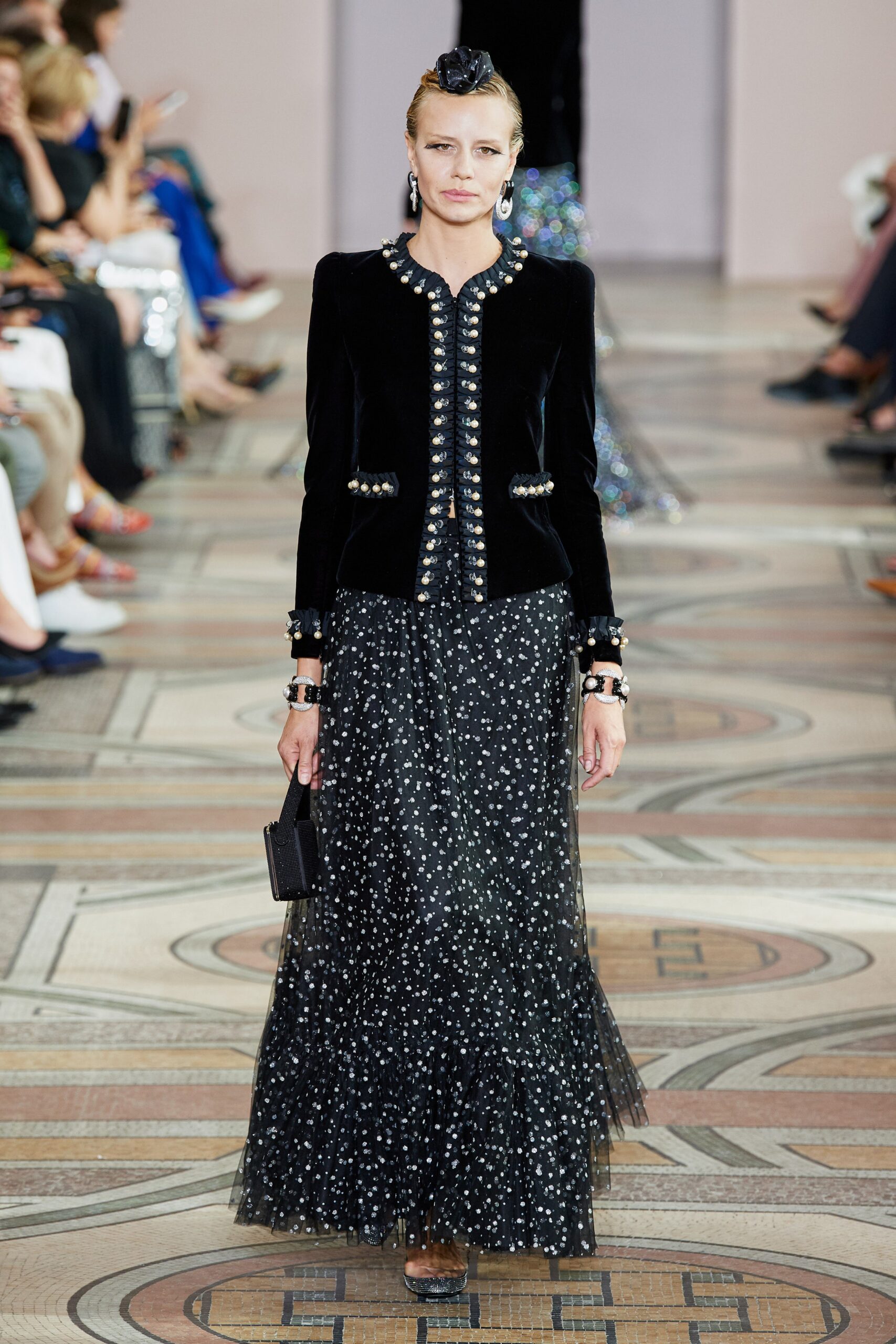 black velvet jacket and tiered dress