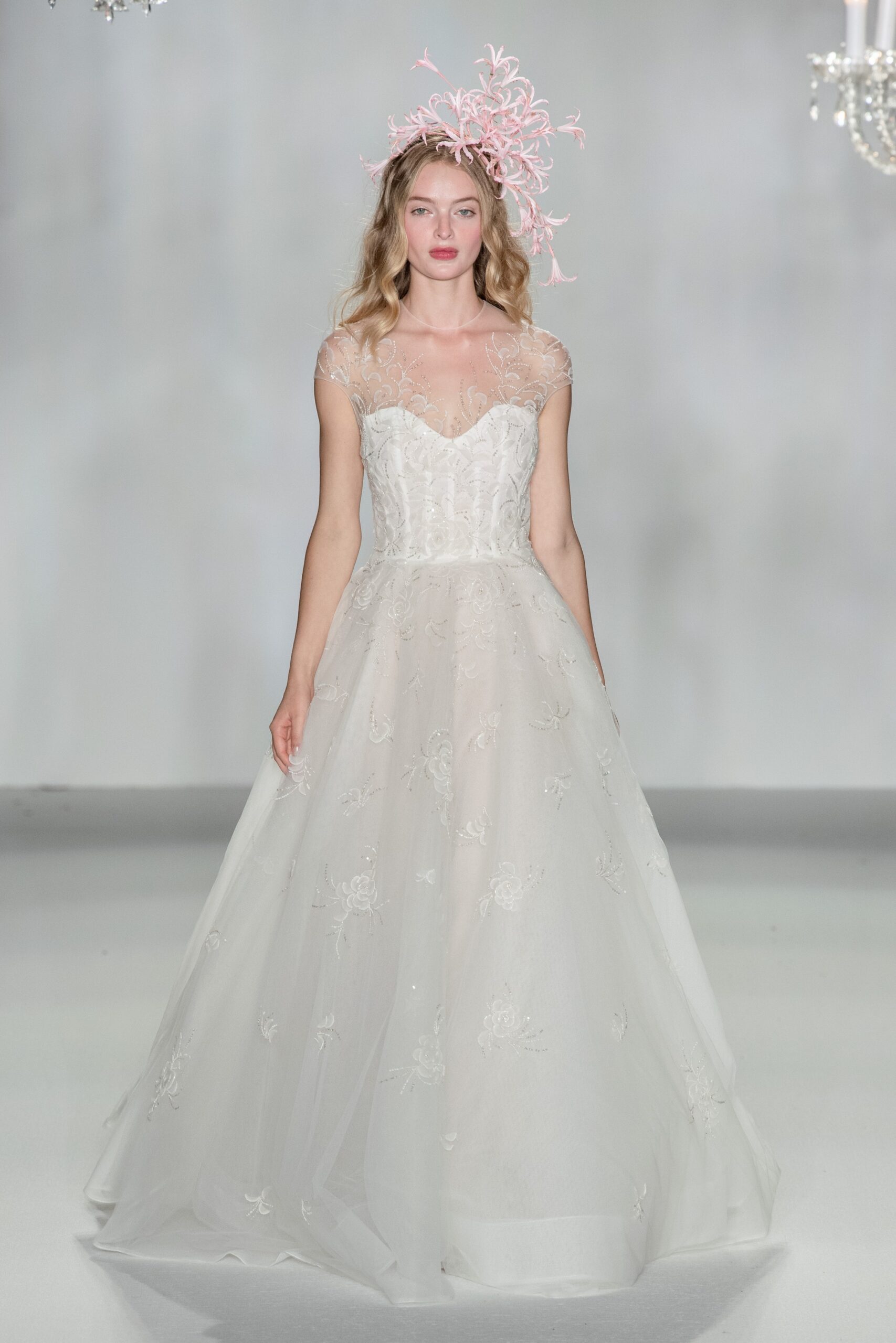 white embroidered tulle gown