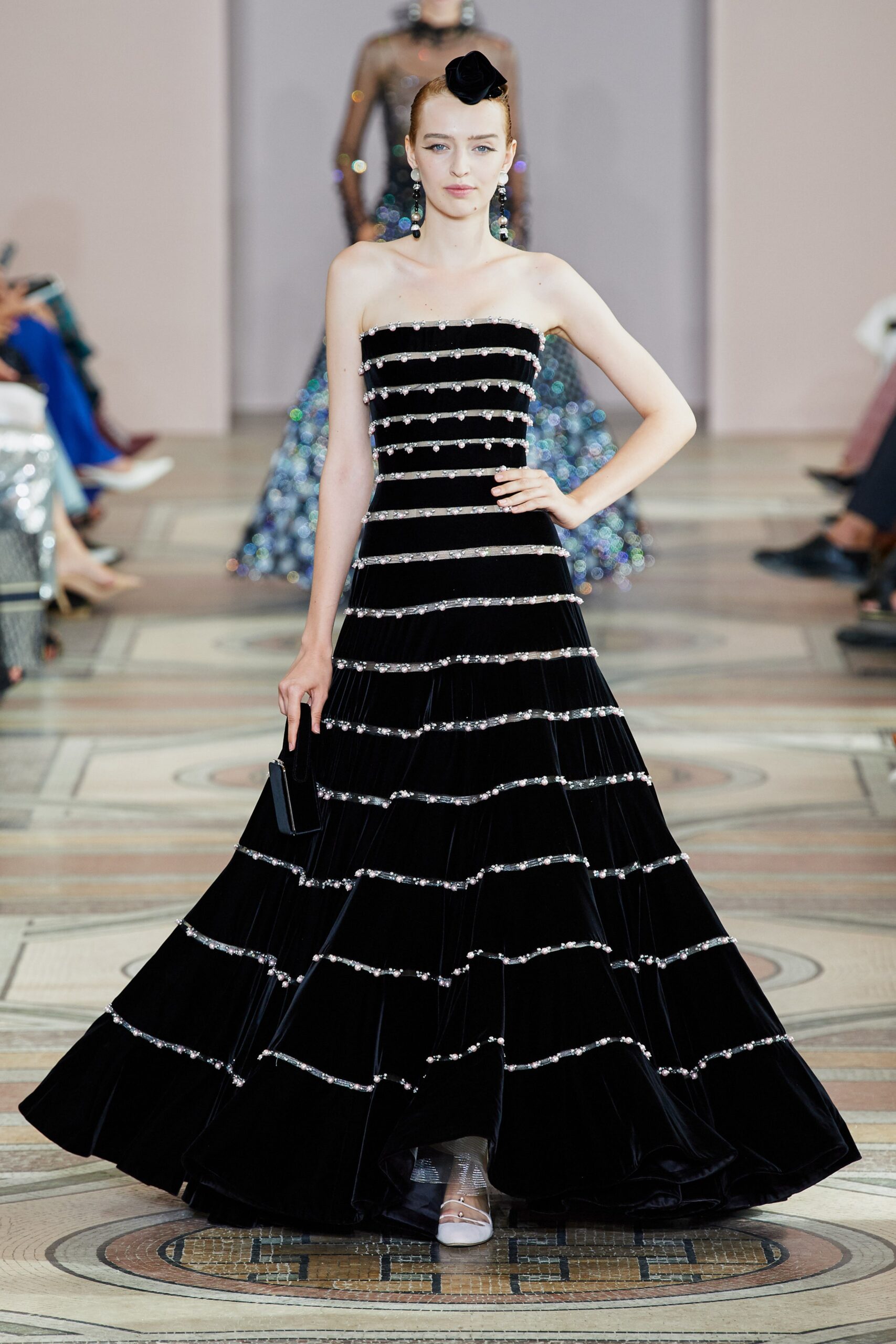 black velvet strapless gown