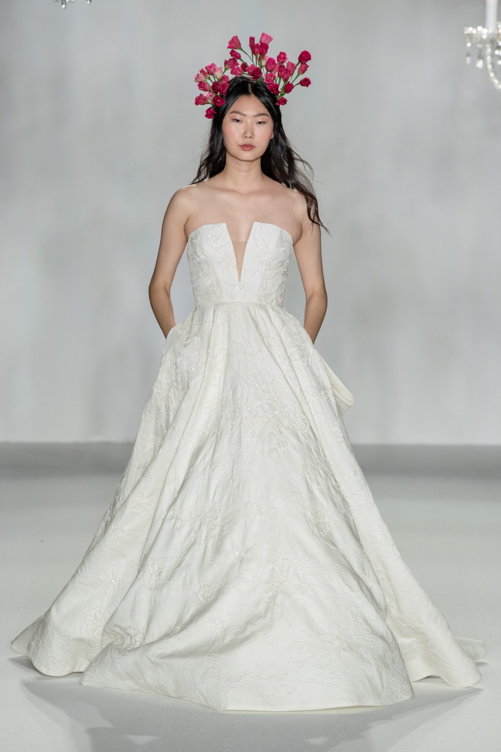 white silk strapless gown