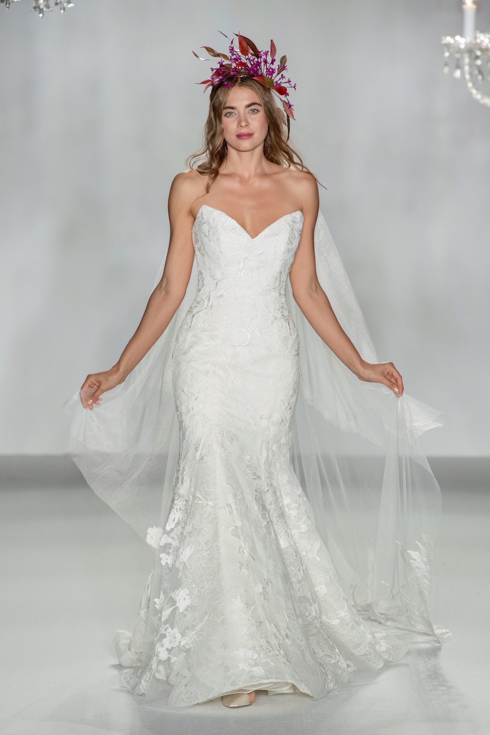 white lace strapless v-neck fitted embroidered flared gown