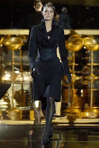 black wool long-sleeve collared fitted ruffled belted coat