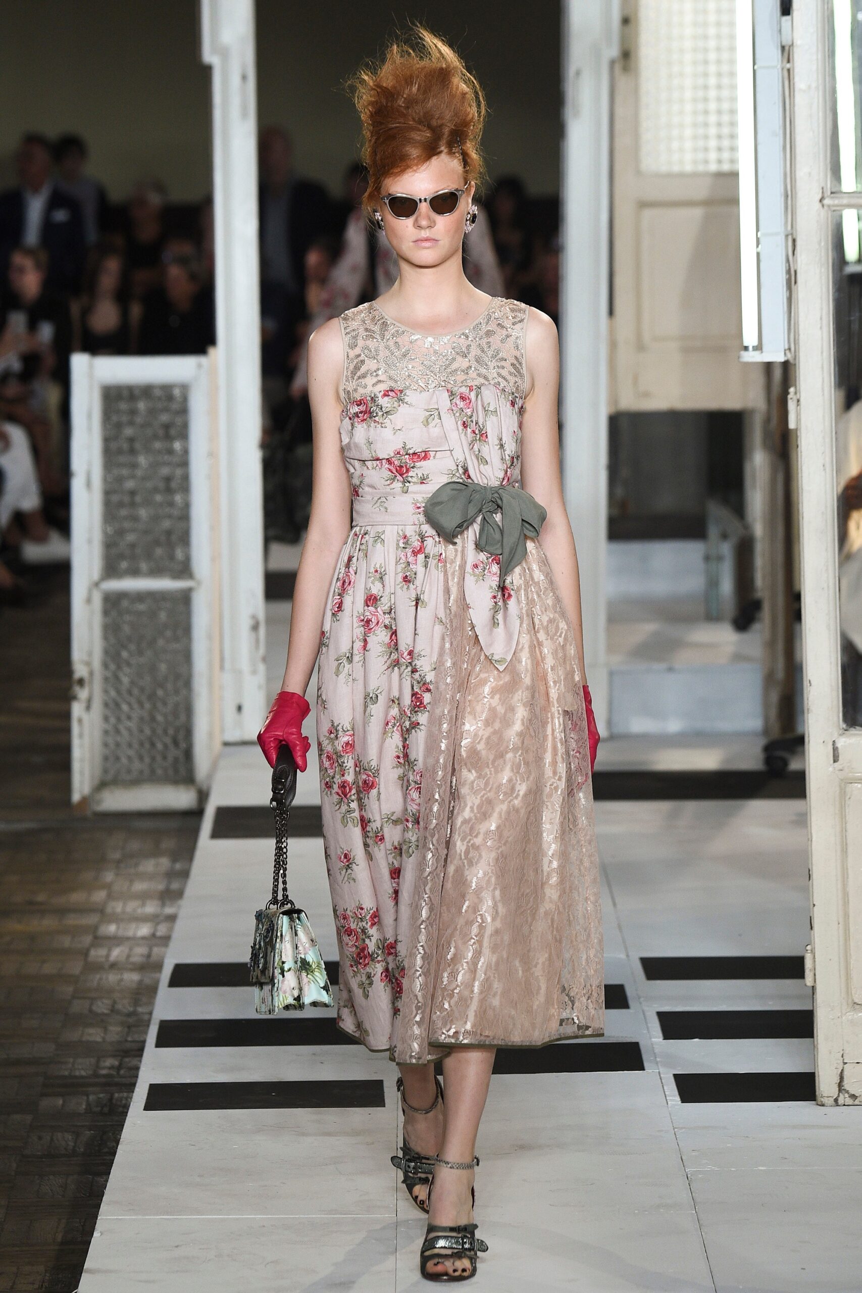 beige floral midi dress with gloves