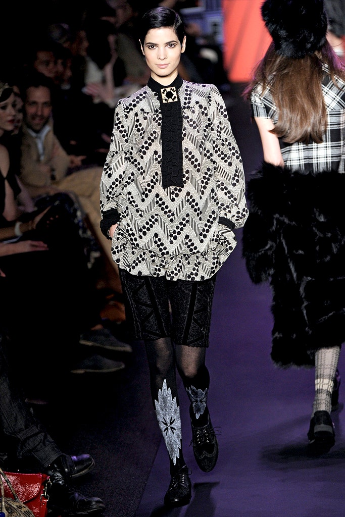 black and white printed blouse with mini skirt