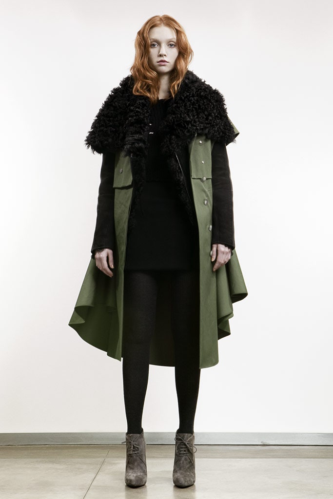 green wool coat with faux-fur