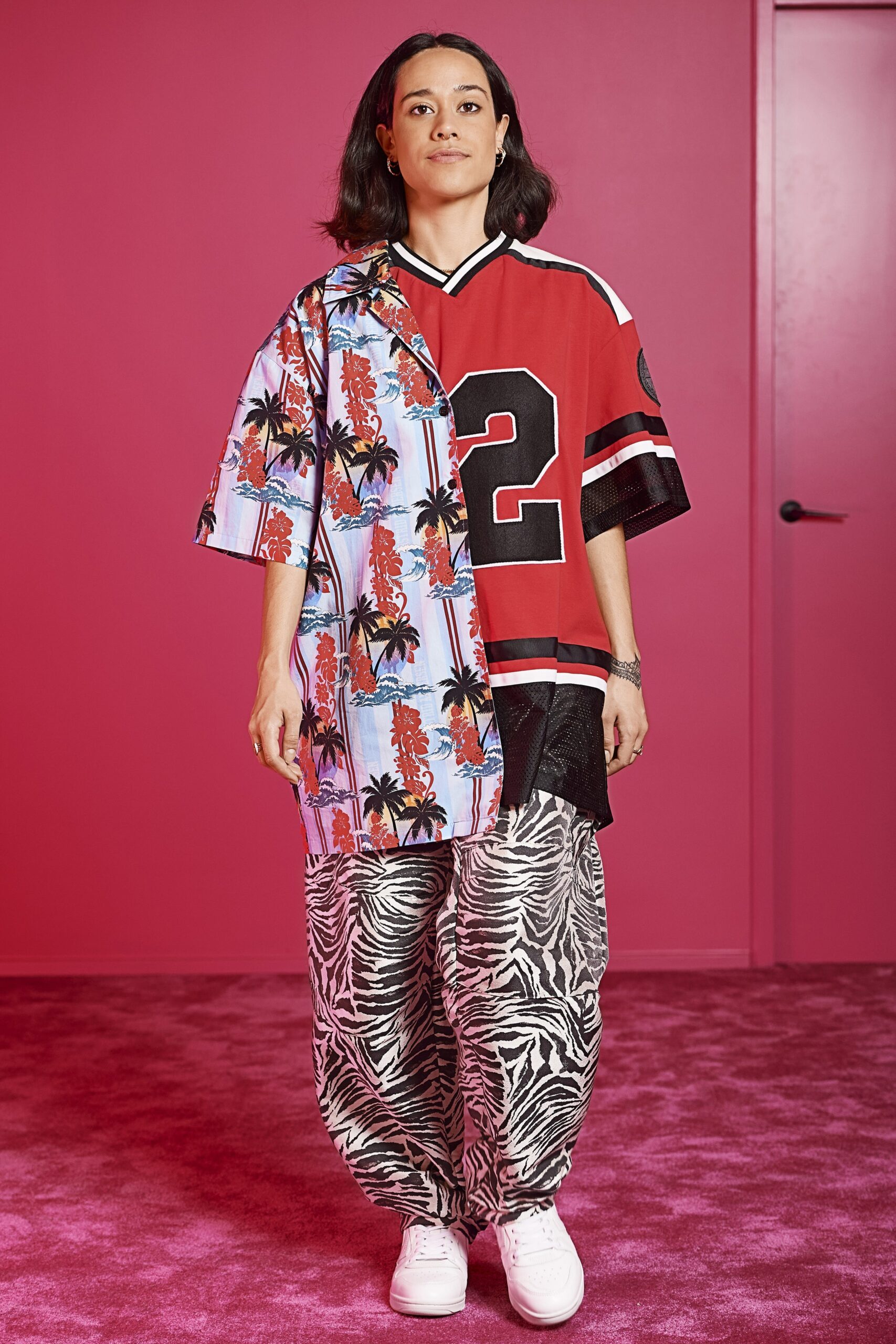 relaxed printed top with flared pants
