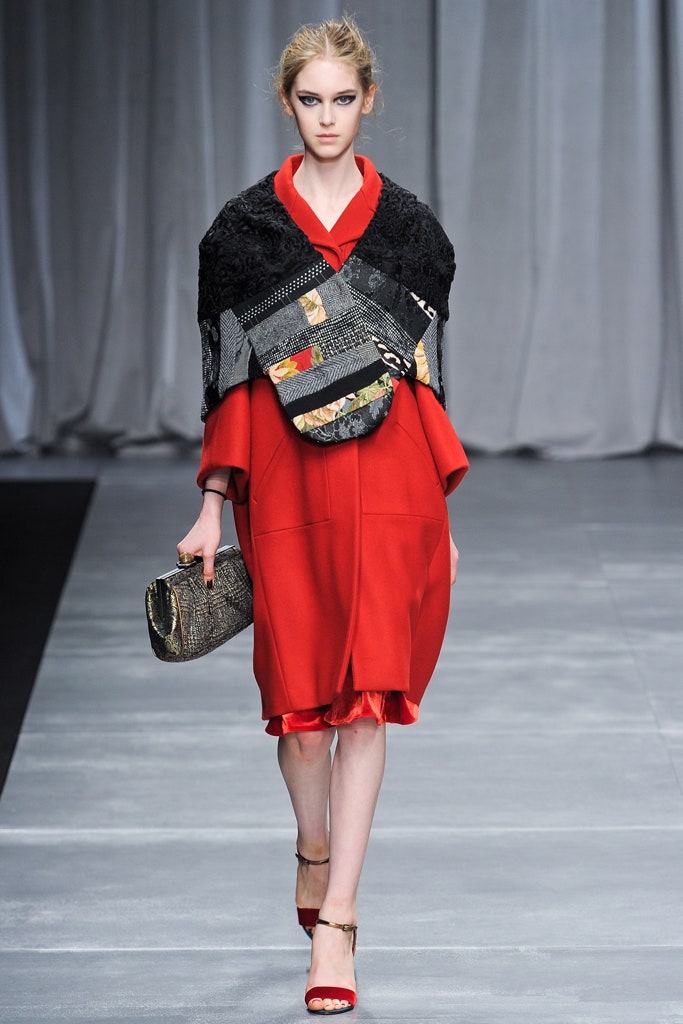 red wool long-sleeve collared relaxed draped midi dress