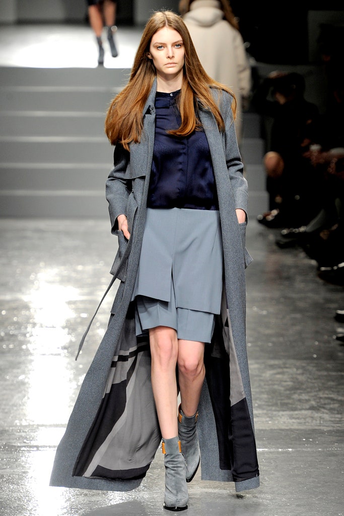 gray wool coat with blue silk top