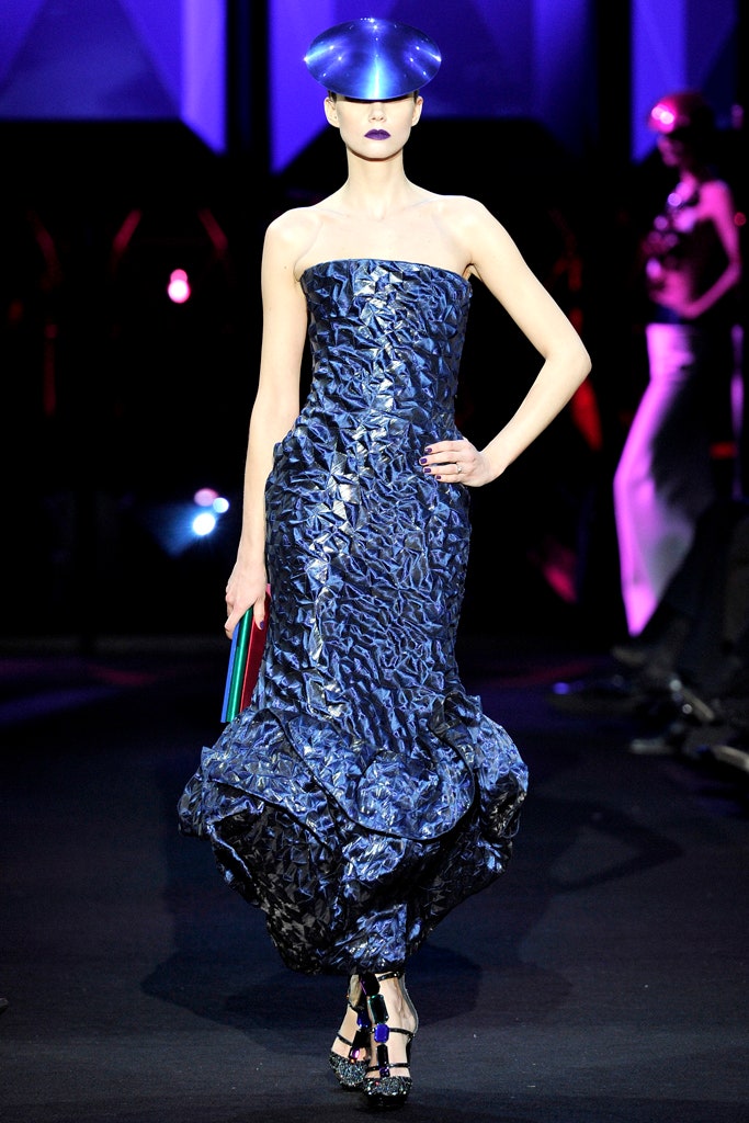 blue silk strapless gown