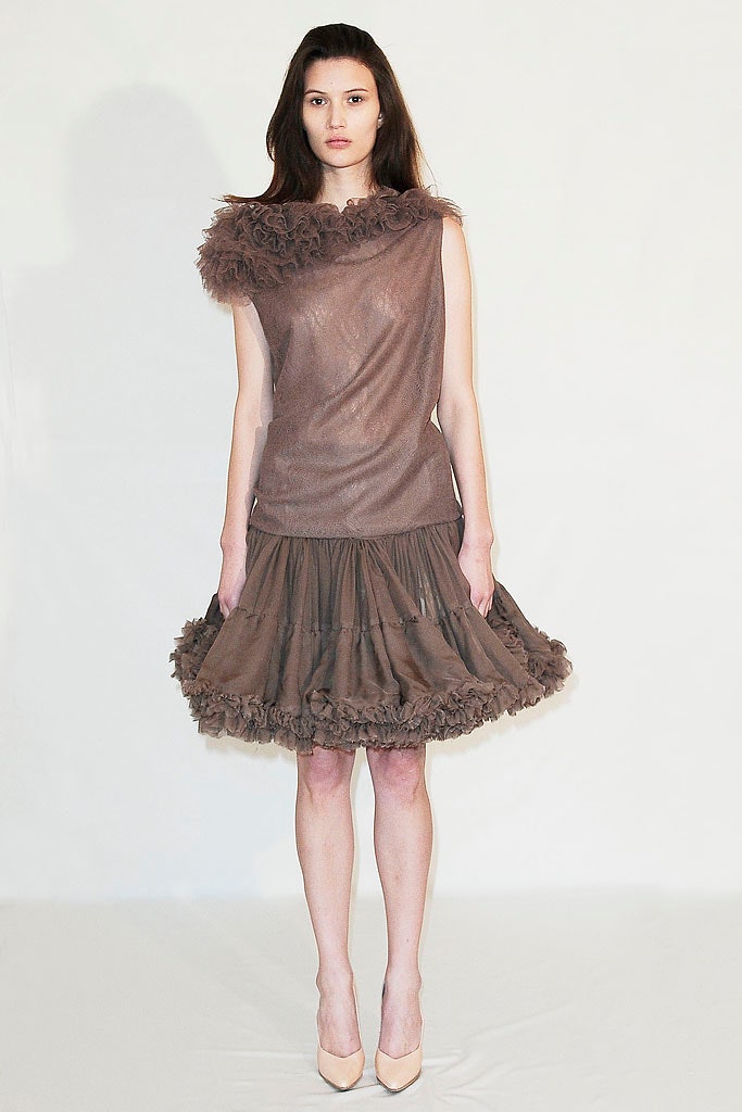 brown silk ruffled mini dress