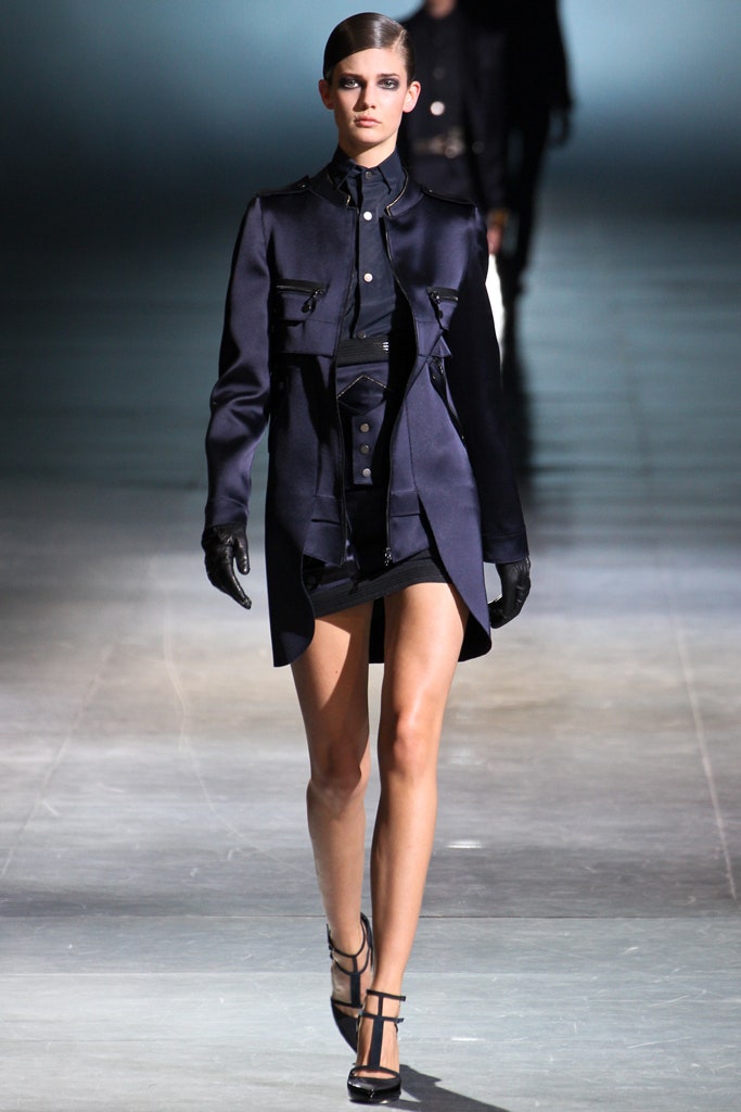 black silk mini dress with gloves