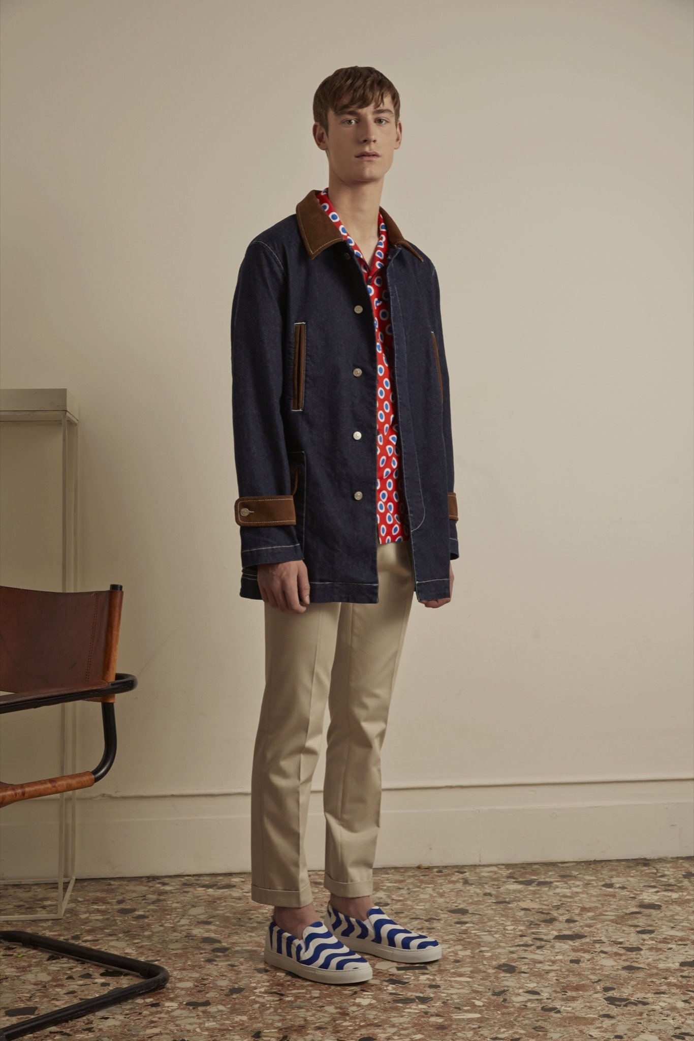 blue denim jacket with printed shirt