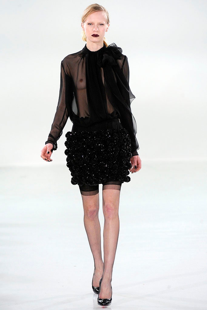 black silk blouse and mini skirt