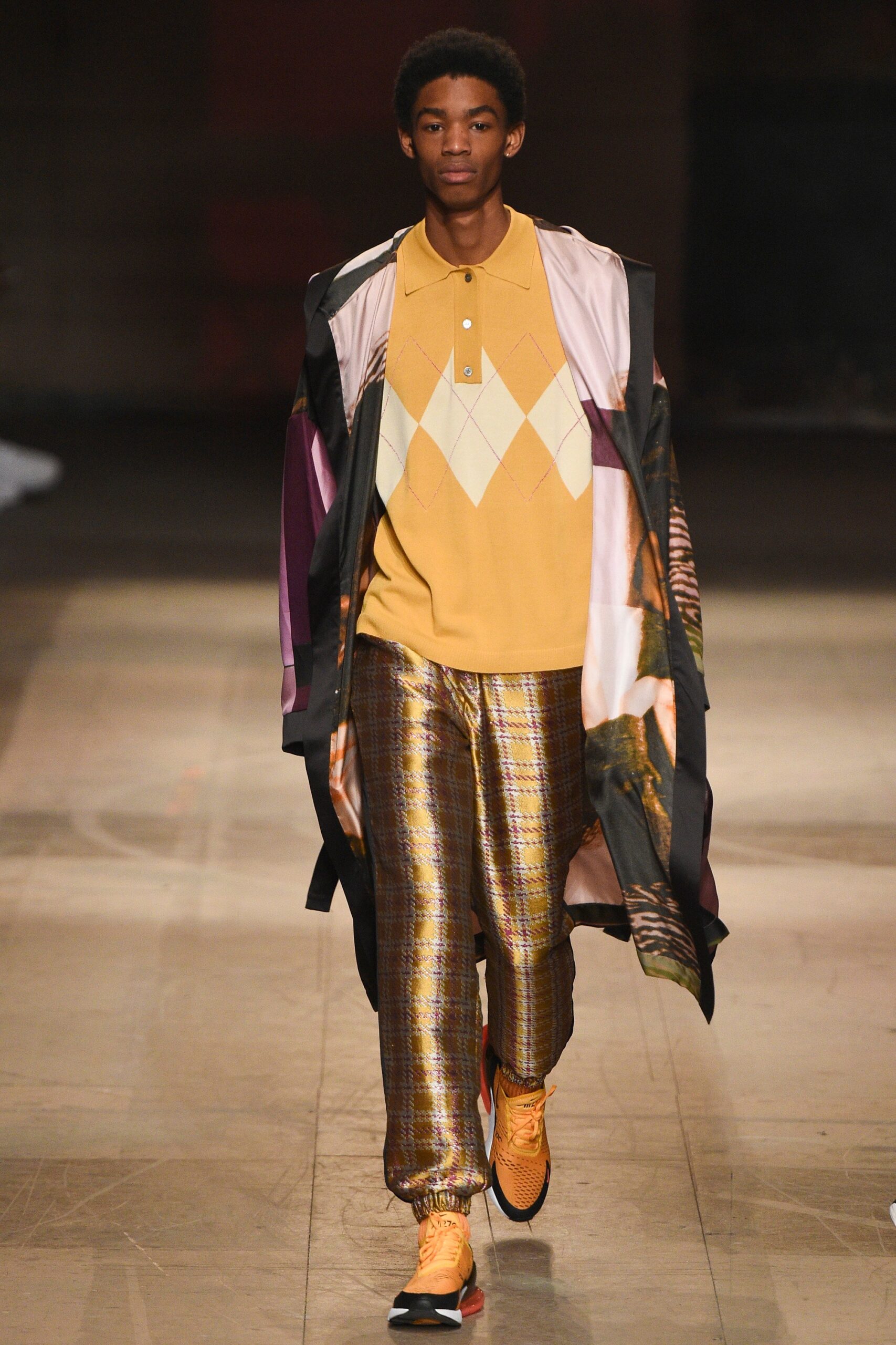 relaxed black silk coat with yellow shirt