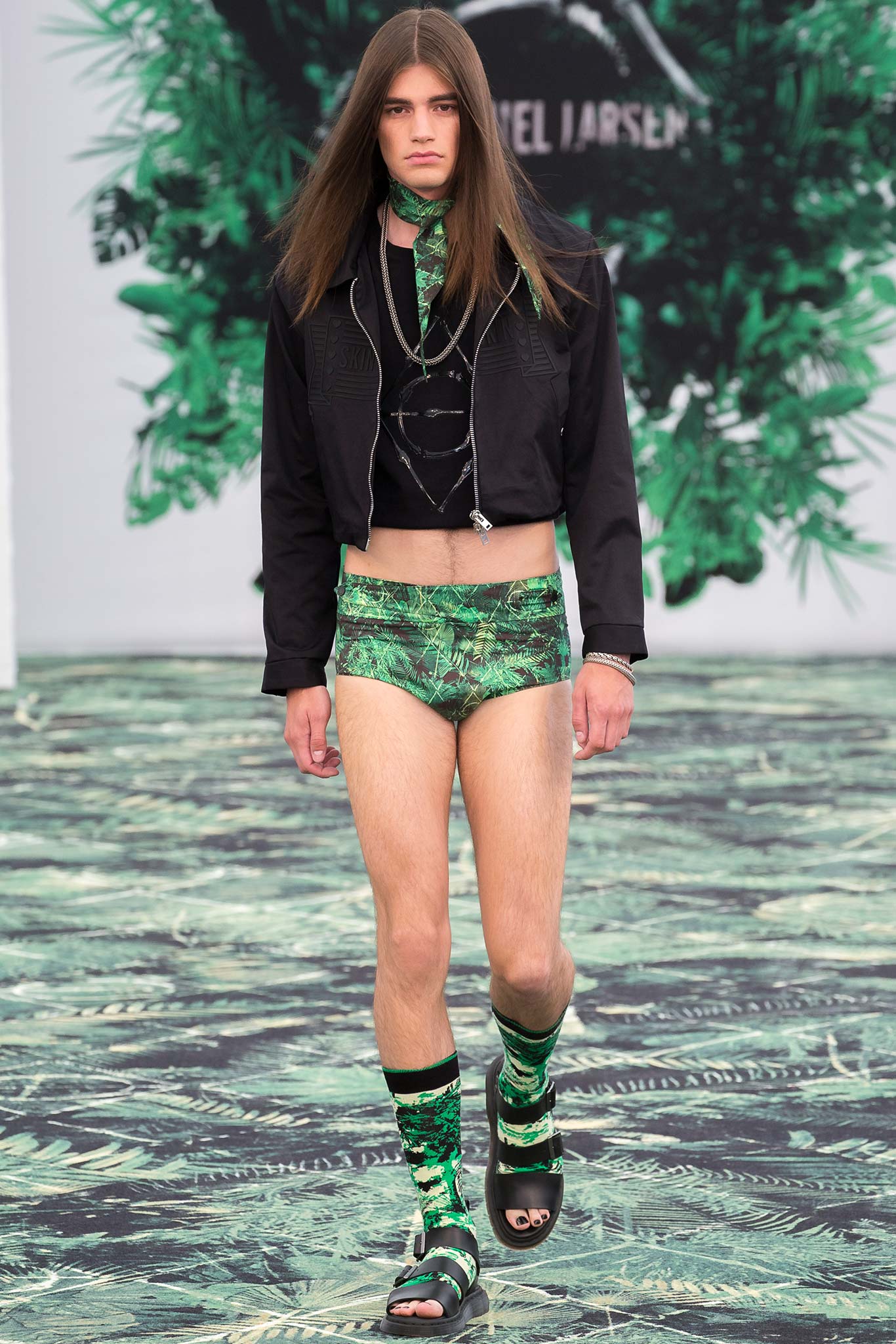 black jacket green swimsuit