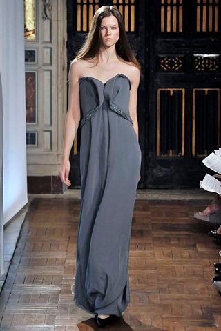 gray silk strapless gown
