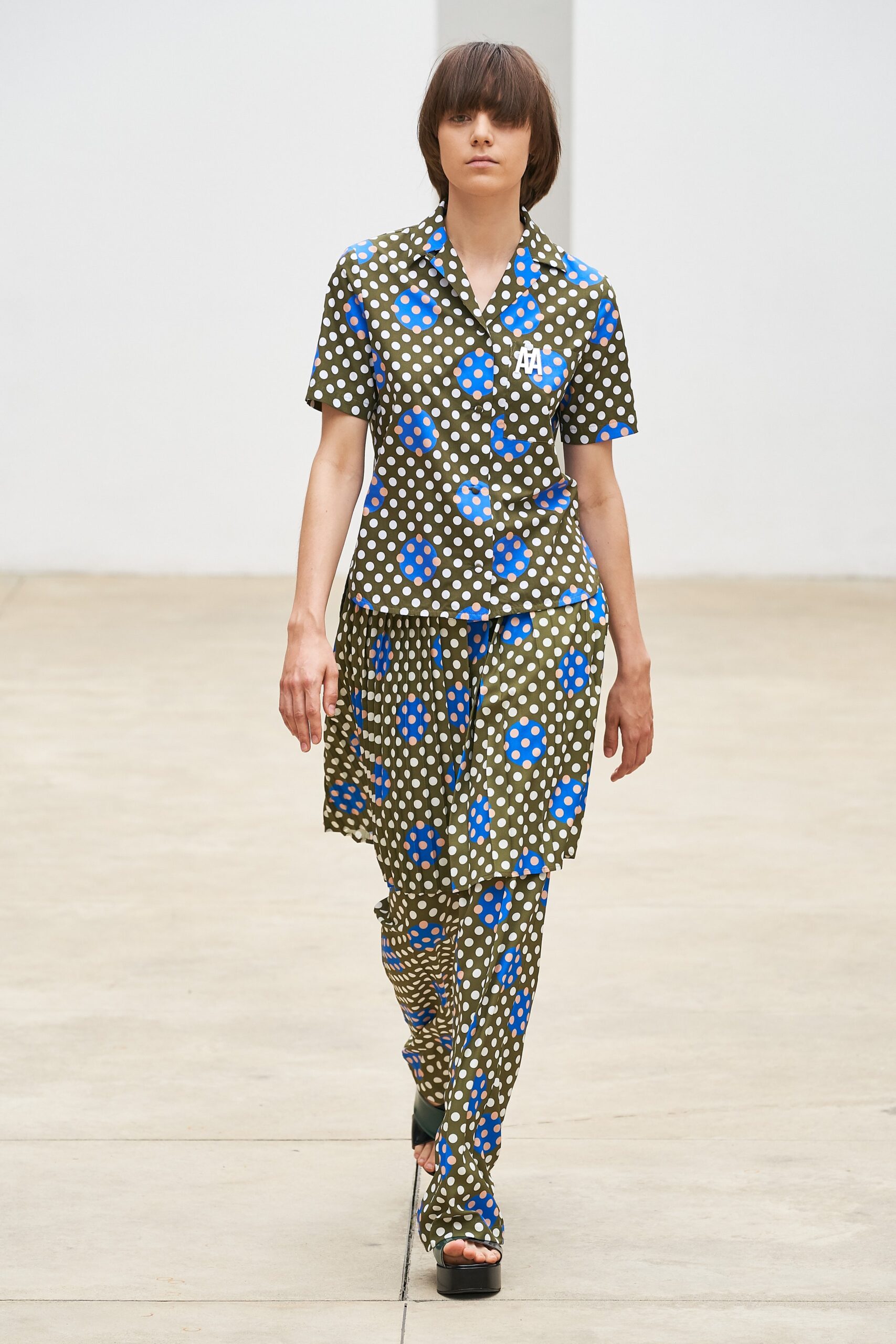 brown polka-dot shirt and pants