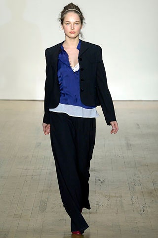 black blazer blue blouse relaxed pants