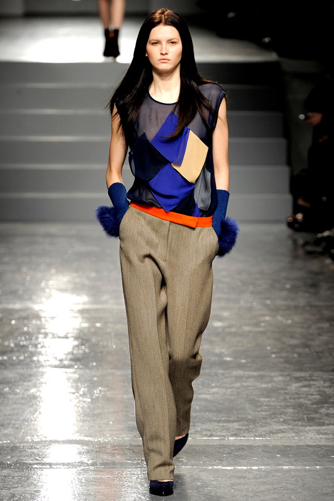 color-blocked silk top with tailored pants