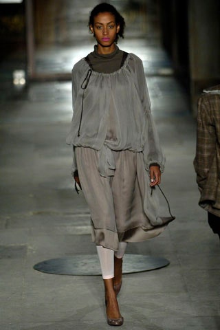 gray silk long-sleeve high-neck relaxed draped flowing dress