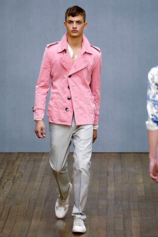 pink tailored jacket with beige pants