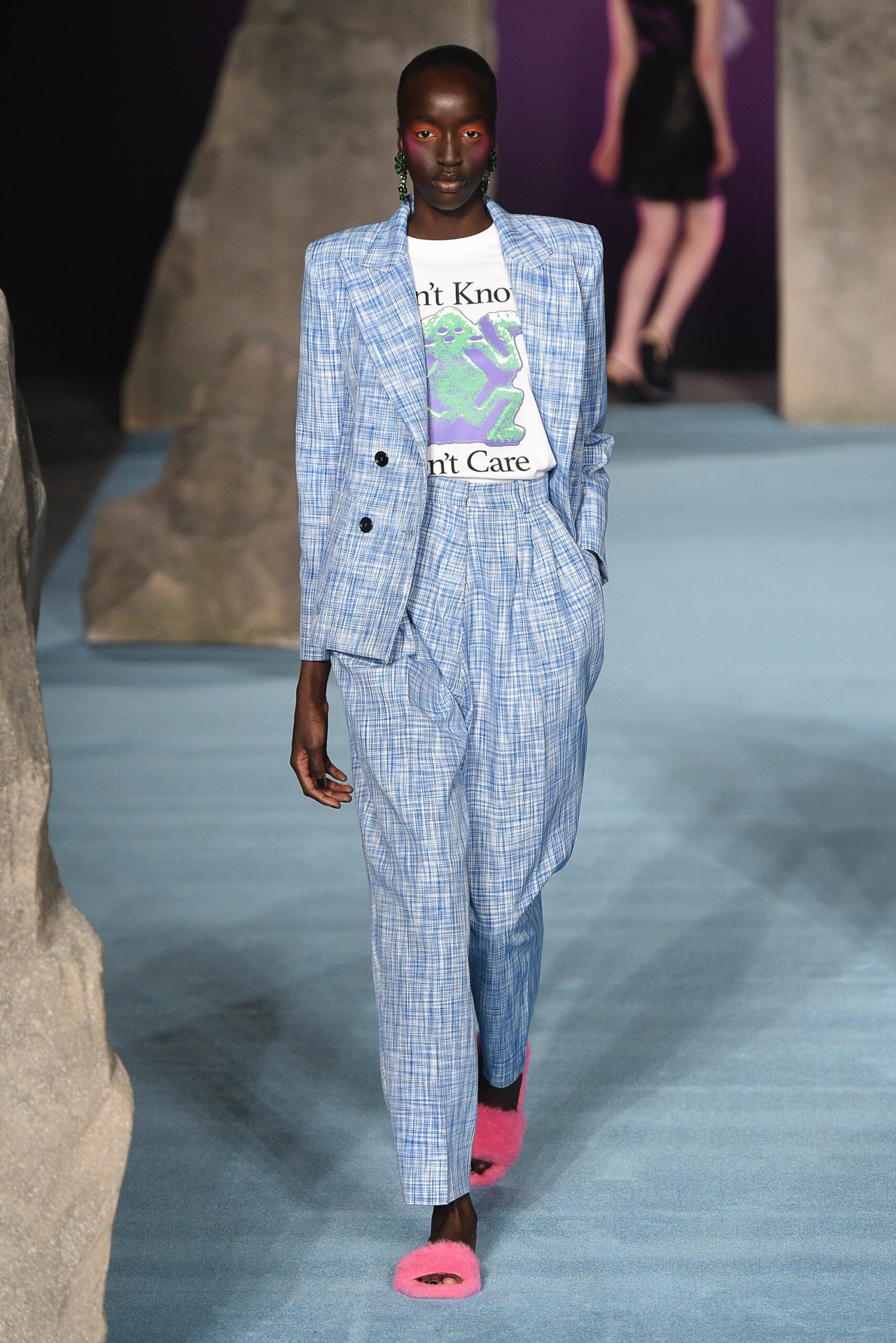 blue tailored suit with printed t-shirt