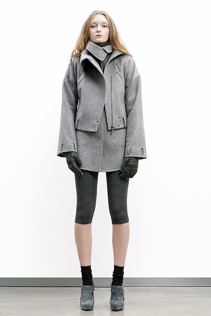 gray wool relaxed jacket with black leggings