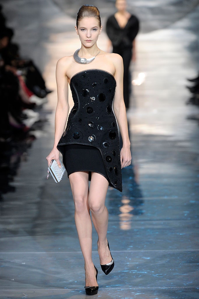 black silk strapless asymmetric fitted sequined shiny dress