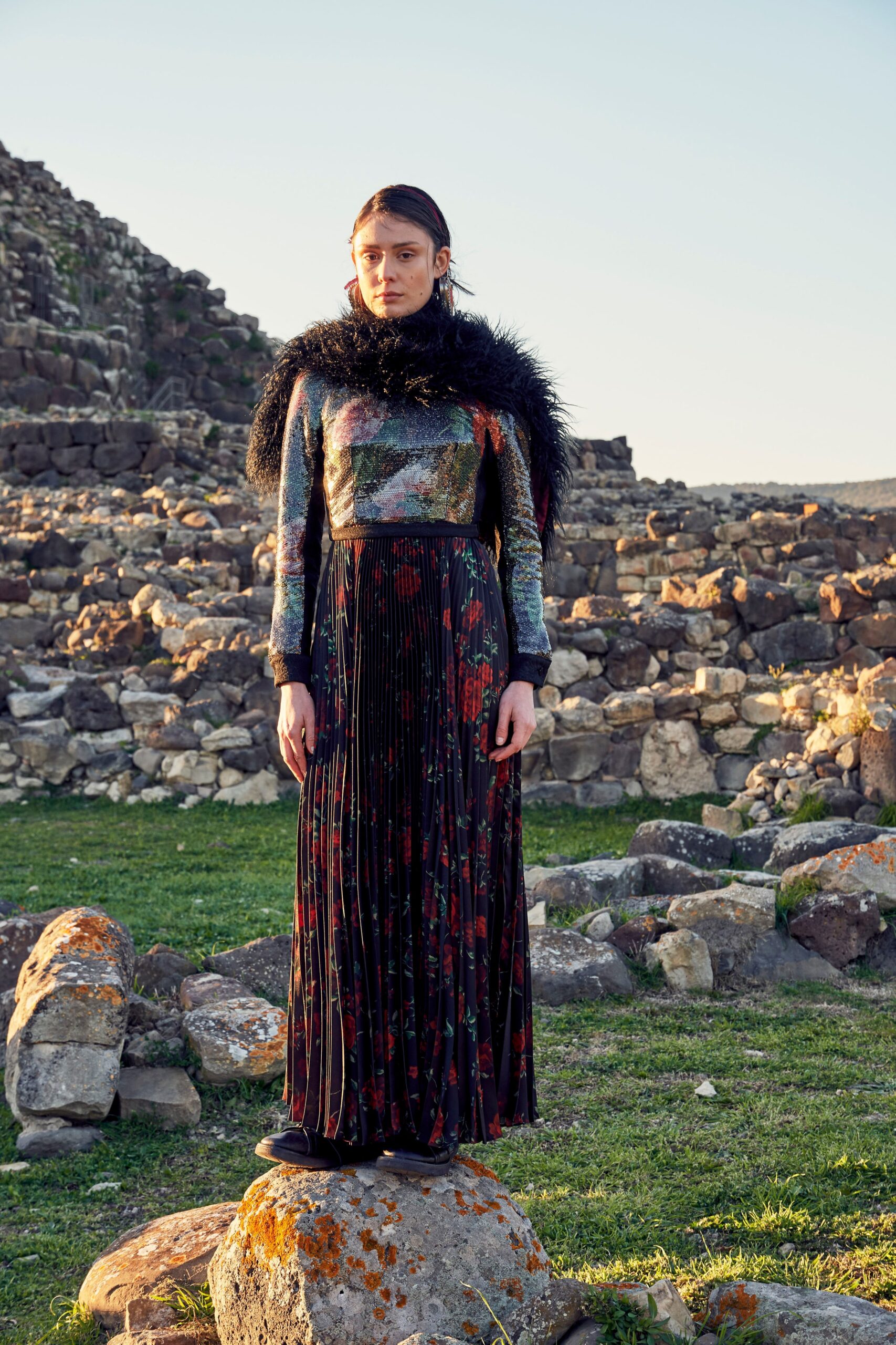 black silk long-sleeve high-neck fitted floral pleated dress