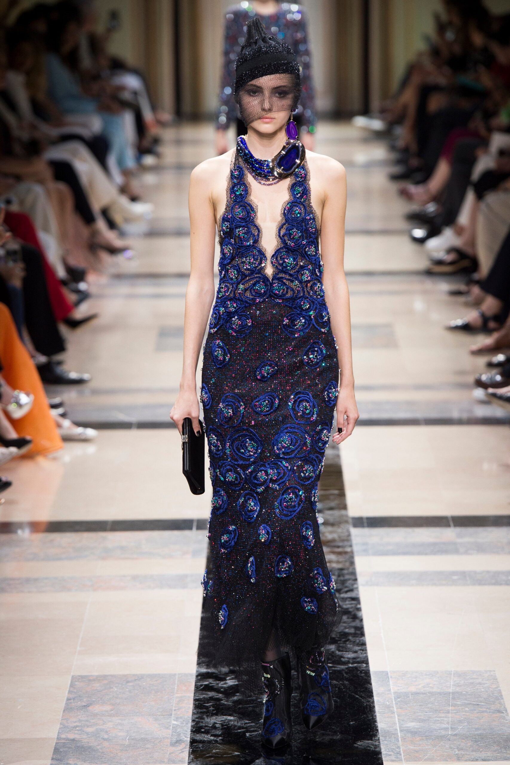 blue embroidered sleeveless gown