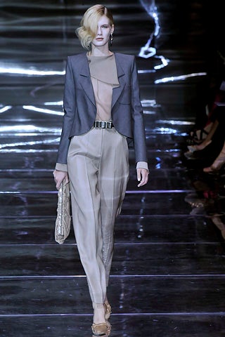 gray silk blazer with beige top