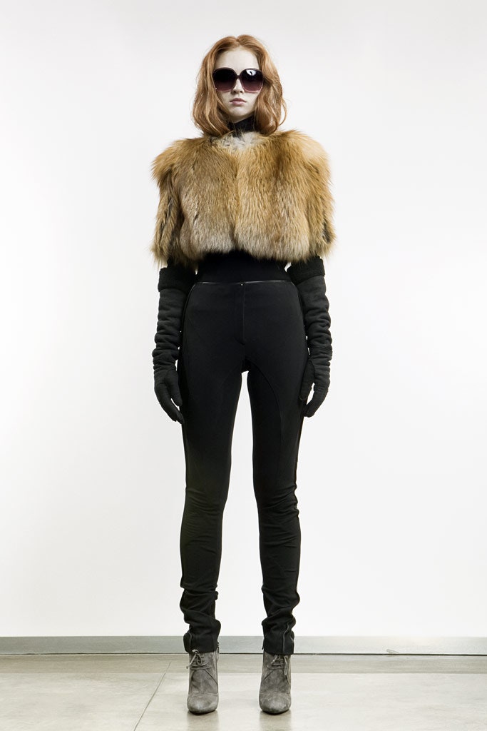 black faux-fur top with fitted pants