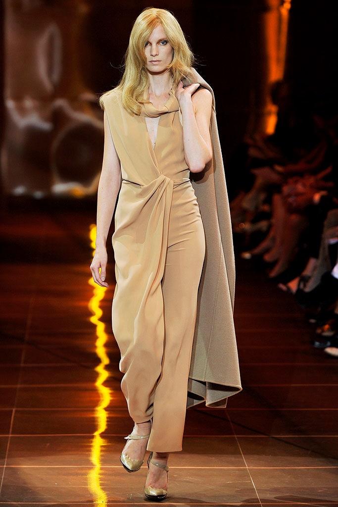 beige silk fitted gown with cape
