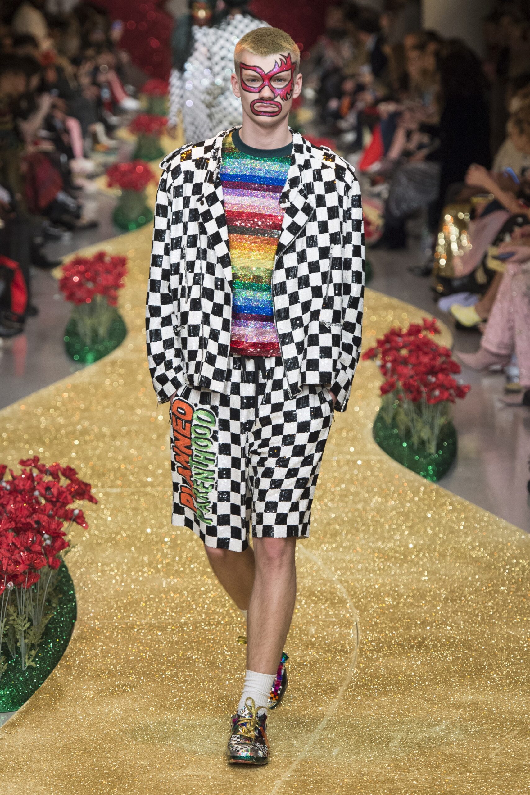 checkered jacket and shorts ensemble