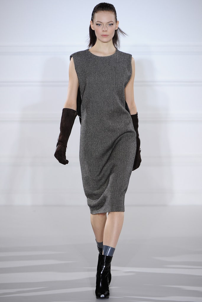 gray wool sleeveless high-neck fitted draped midi dress