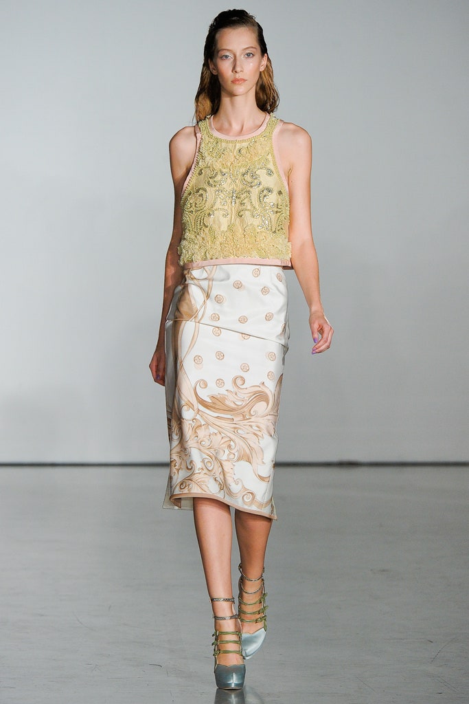 yellow silk sleeveless high-neck fitted embroidered top