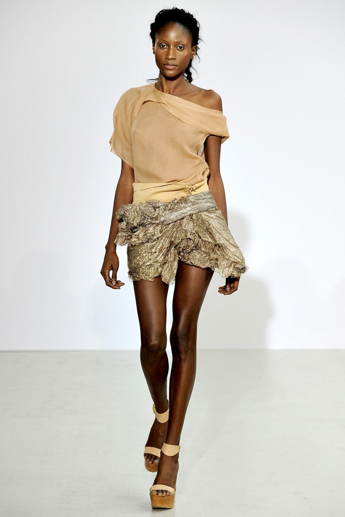 beige silk sleeveless off-shoulder fitted draped top